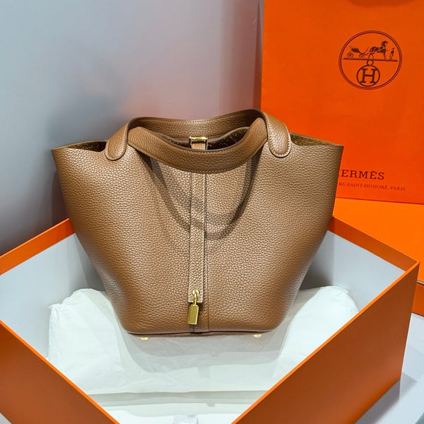 HERMES 25S PICOTIN LOCK 22 IN BURNT CARAMEL CALFSKIN GOLD HARDWARE