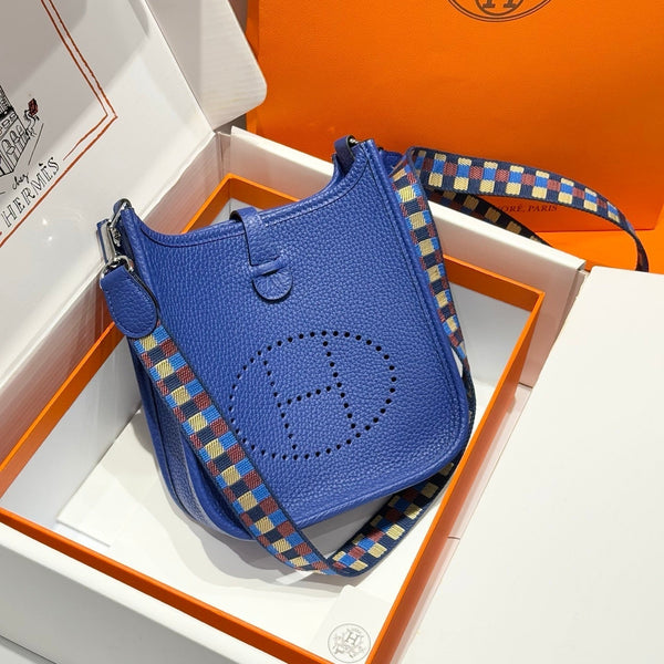 HERMES 25S MINI EVELYNE 18 IN BLUE PATTERNED STRAP CALFSKIN SILVER HARDWARE