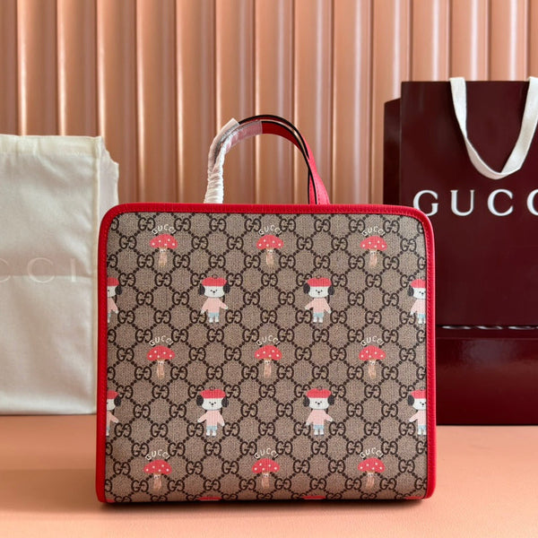 CHILDREN'S PRINTED DOG TOTE BAG 28.5 IN BEIGE AND DARK BROWN GG CANVAS RED TRIM