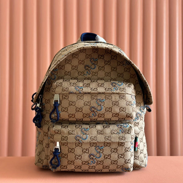 BACKPACK 40 IN BEIGE AND BROWN CANVAS BLUE SNAKE EMBROIDERY