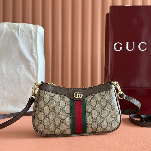 OPHIDIA SMALL SHOULDER BAG 26 IN BEIGE AND DARK BROWN CANVAS